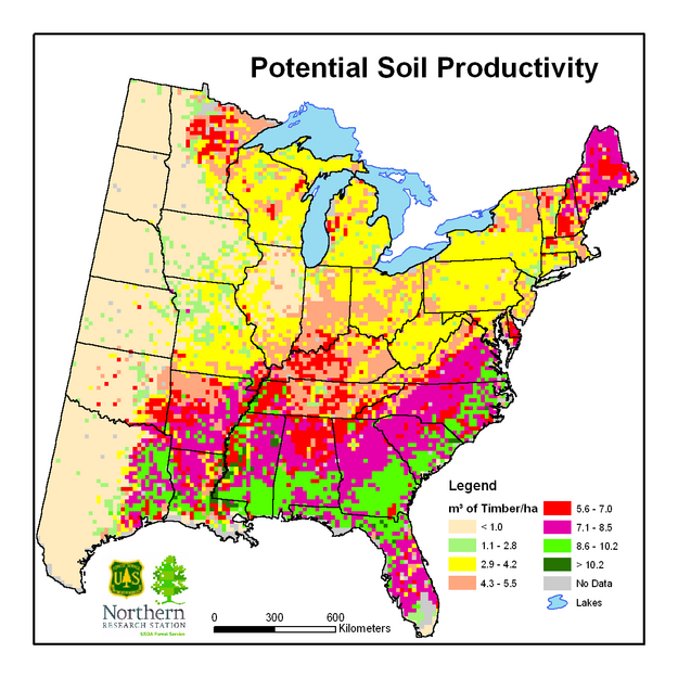Potential soil productivity (m3 of timber/ha)