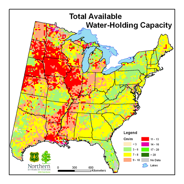 Total available water capacity (cm, to 152 cm)